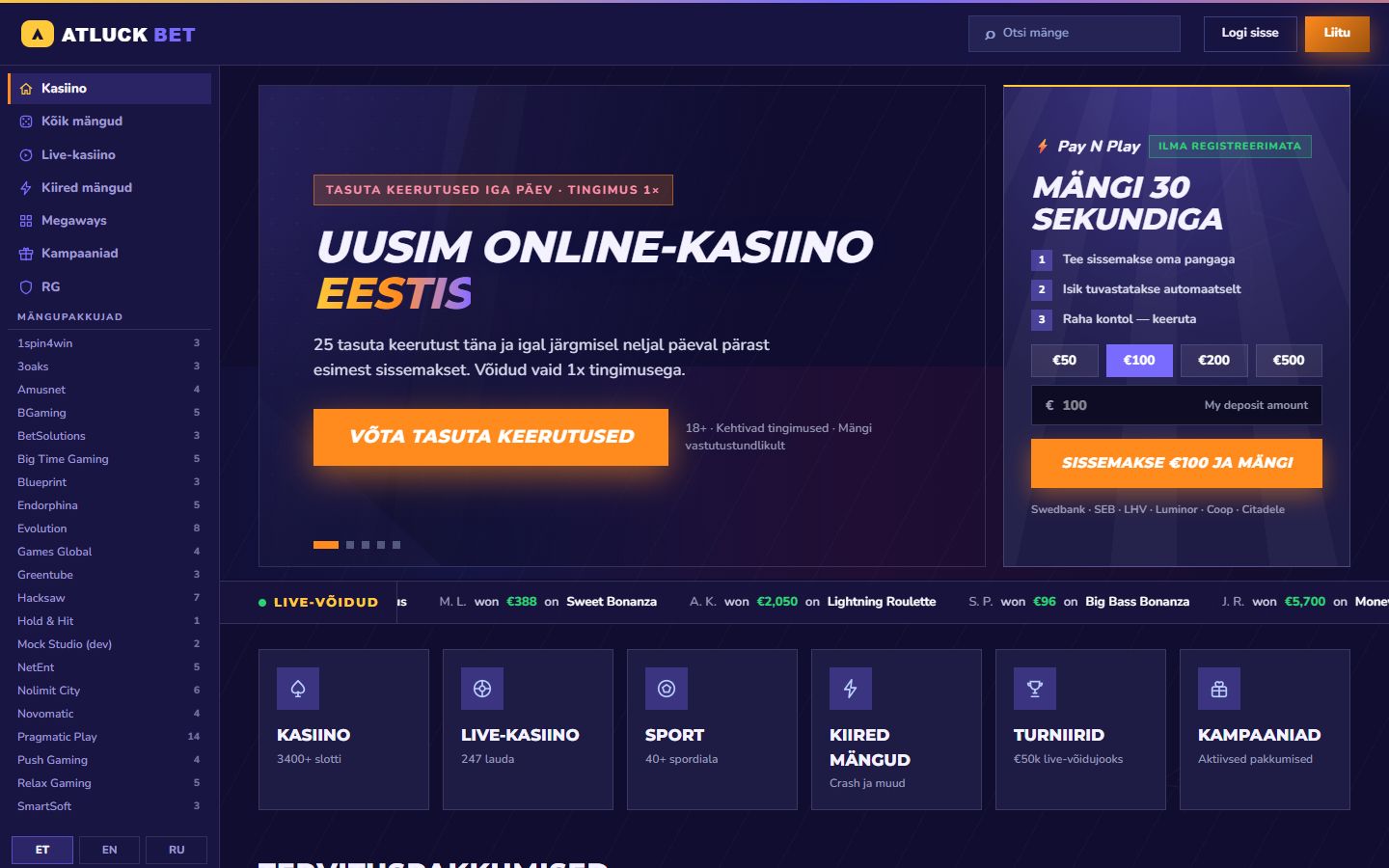 Atluck Bet demo casino, home page