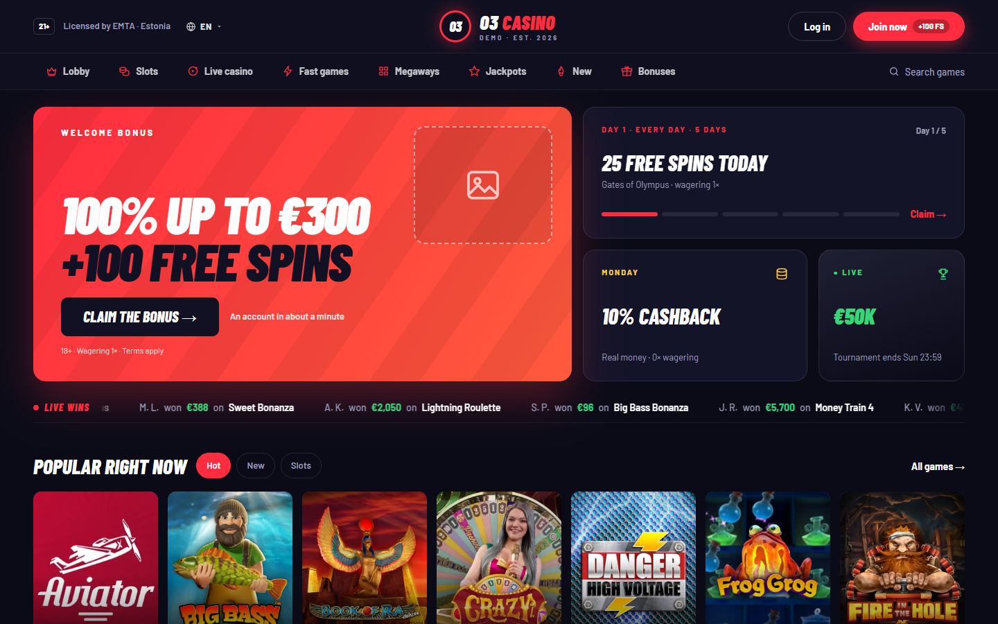 O3 Casino demo casino, home page